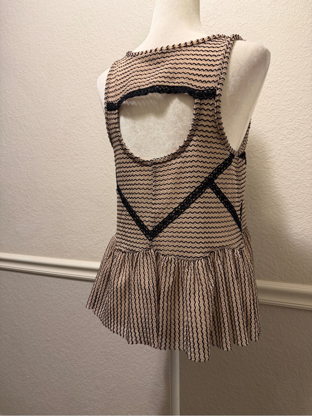 Free People Lace & Stripe Peplum Top Black Toasted Almond Size S - Picture 7 of 7